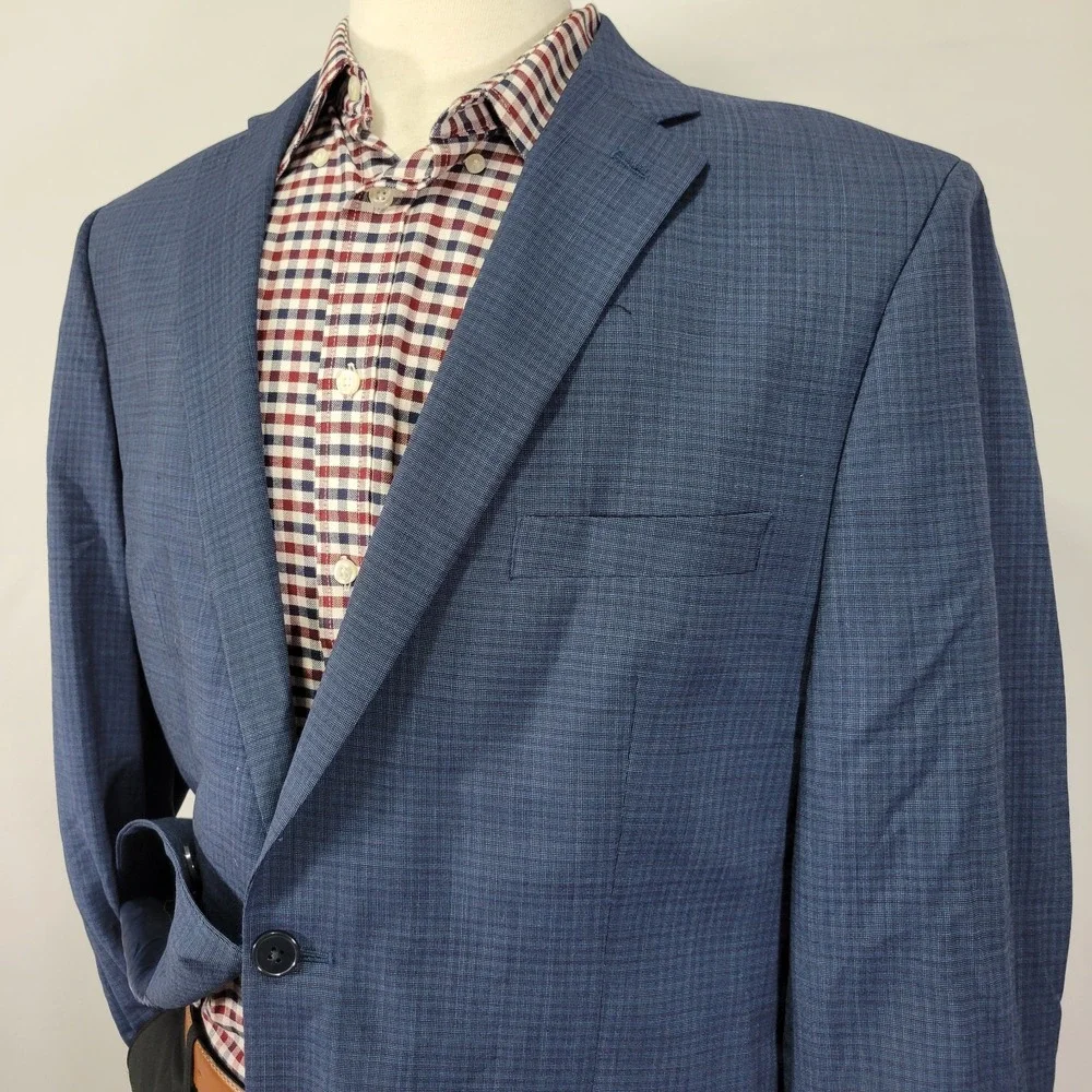 Calvin Klein Men's Sport Coat‎ Blazer Two Button Navy Blue Checked Wool Size 44R